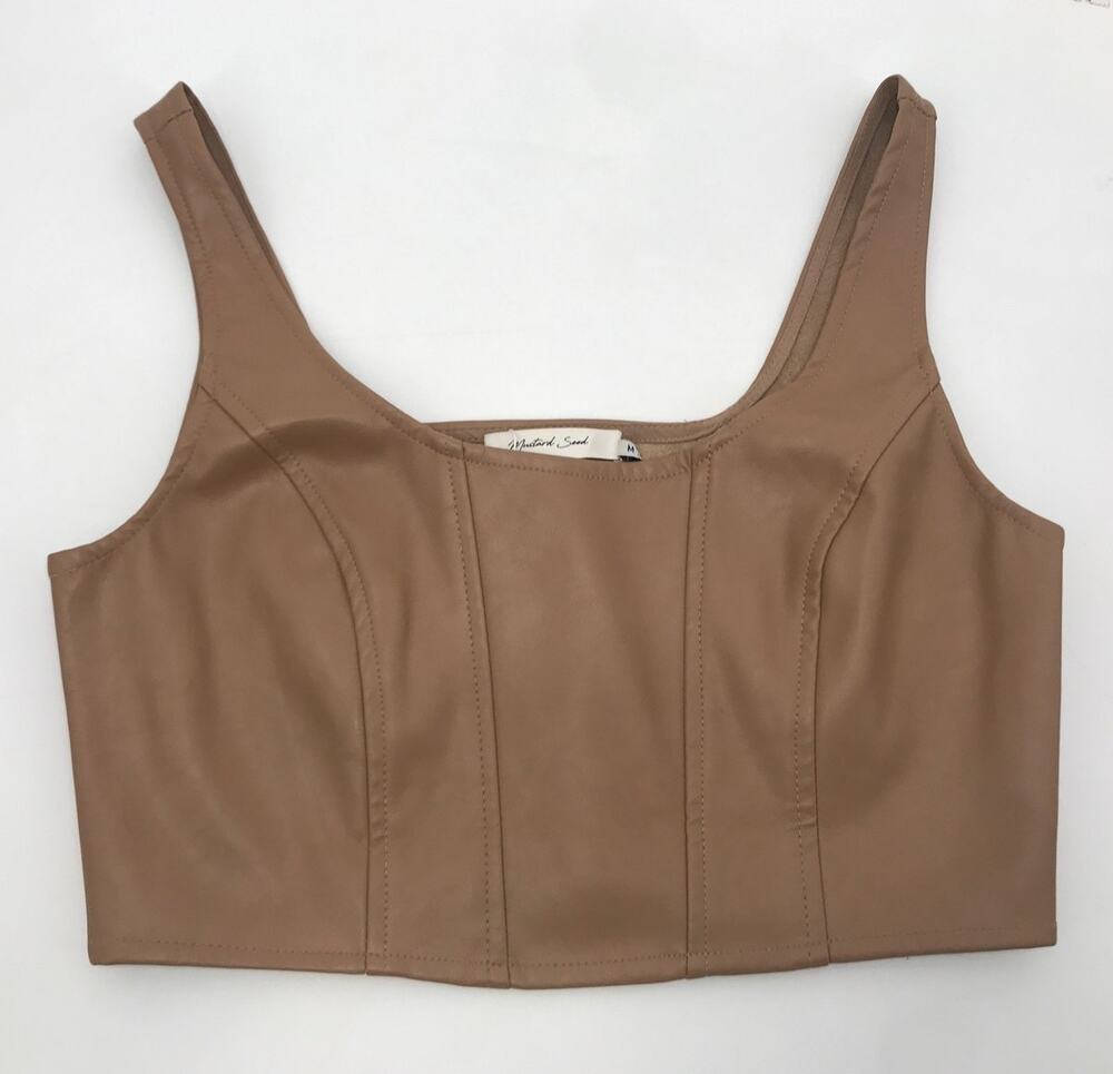 Mustard Seed Tan Faux Leather Sleeveless Crop Tank Top M Fitted